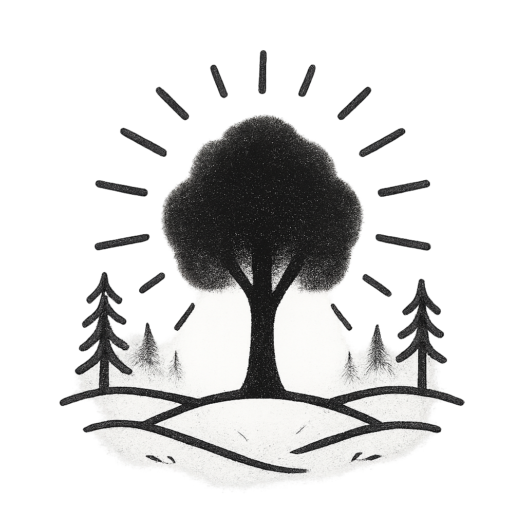 A stylized illustration of a large tree surrounded by smaller trees, with rays of light emanating from the background, symbolizing nature and spirituality.