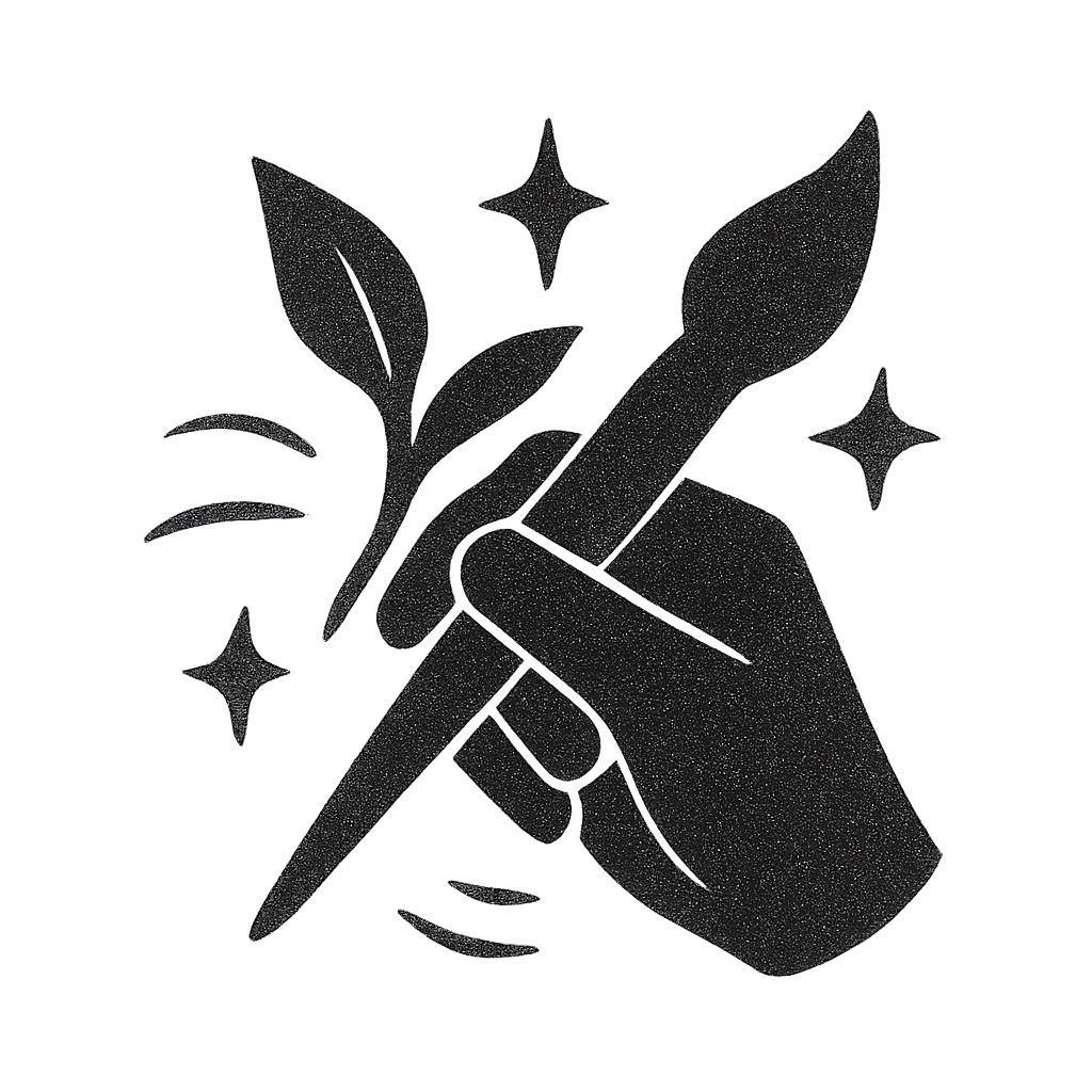 A hand holding a paintbrush surrounded by leaves and sparkles, symbolizing creativity and artistic expression.